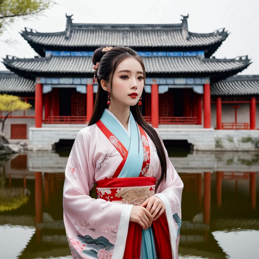 Beautiful girl ,Wearing gorgeous Hanfu, Chinese style building, landscape、Flat Chest、