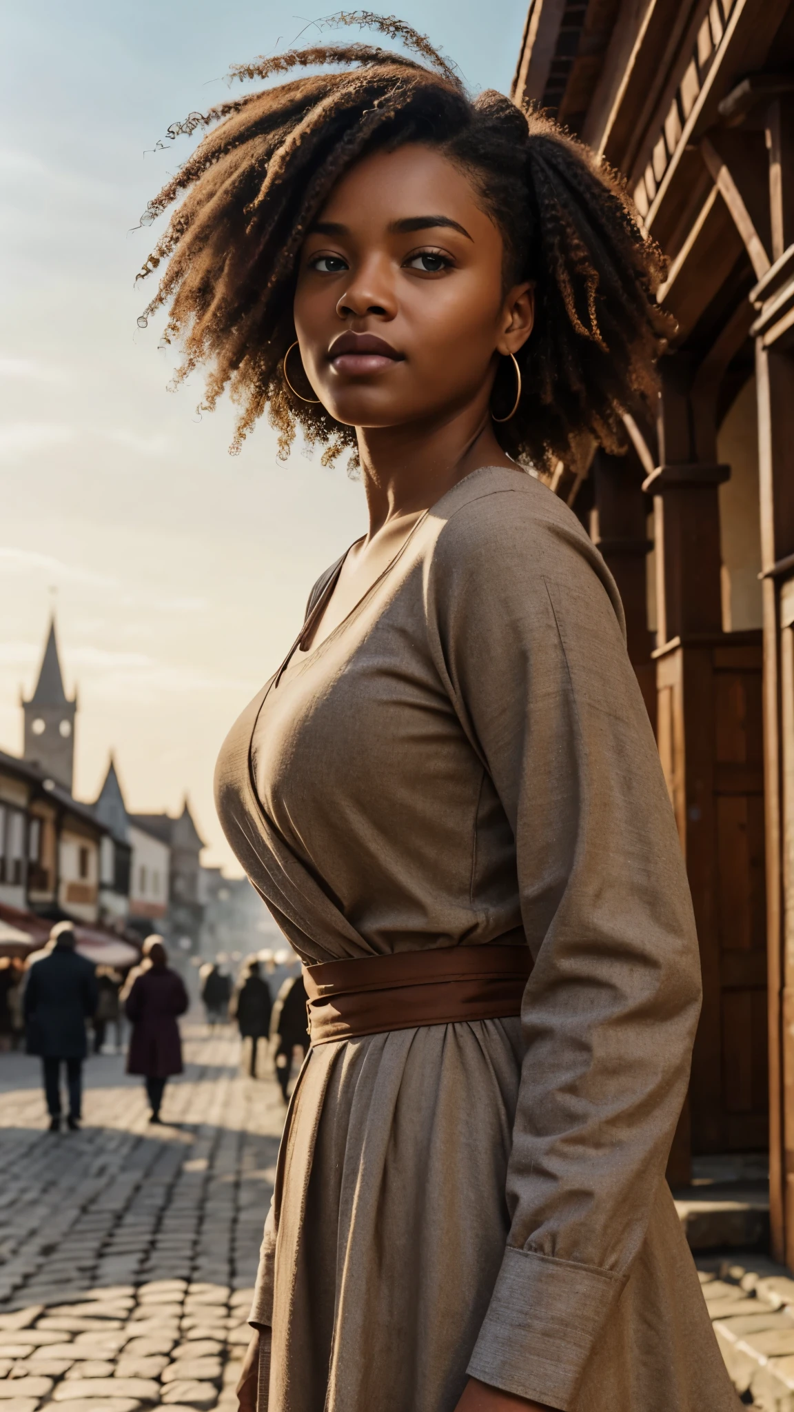 1girl, solo, Rustic homespun dress in earthy brown, made from coarse wool, with a loose smock-like fit, high waistline, and three-quarter length sleeves, Madame, Average Height, Lean, Triangular Face, Tan Skin, Honey Blonde Hair, ice blue Eyes, [[Curved Nose]], Full Lips, Round Chin, Long Hair, Thick Hair, Tapered Afro, natural breasts, , black sheer lipstick, Bending sideways with one arm reaching overhead, Enchanting medieval marketplace bustling with merchants and lively townsfolk, angry, proud, :] , breathtaking, intricate details, absurdres, highres, ultra detailed, highest quality, amazing details. [The character (complete) is surrounded by mist, evoking a mysterious and eerie atmosphere. The lighting is dark and atmospheric, with a red smoke adding a touch of sinister ambiance. Best quality image, with a resolution of 4k and HDR enhancement, showcasing the utmost level of detail and realism, full body shot:1.5]. [8K, Best Quality, Ultra High Resolution, (highly detailed CG unity 8k wallpaper), (best photo), (best shadows), isometric 3D, octane rendering, ray tracing, highly detailed, (Best quality, 4K, 8k:1.2), absurdity, ultra detailed, (realistic, photorealistic, photorealistic:1.37), complex parts, HDR, (complex parts:1.12), (hyper detailed, hyper realistic, Soft lighting, spicy:1.2), (complex parts, Hyper detailed:1.15). Blurred foreground. (backlit), masterpiece, high quality, brightness, chromatic aberration, 8k uhd, foggy smoke, shadows, contrast, clear sky, (warm hue, warm tone), high details, natural reflections].