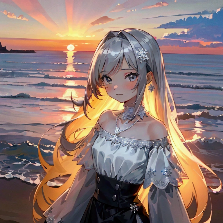 ((masterpiece, extremely high quality)),((4k, detailed beautiful cute eyes)),((cinematic view, high detailed sunset, high detailed colors, high detailed clouds, depth of view)),1girl standing at a beach side, looking at viewer, white skin, slightly parted gentle smile, silver long-hair, grey-bluish eyes, slender physique with naturally proportioned upper body, small-diamond snowflake necklace, white off-shoulder straps ruffled blouse, greyish high-waisted a-line mini skirt with lace trim.