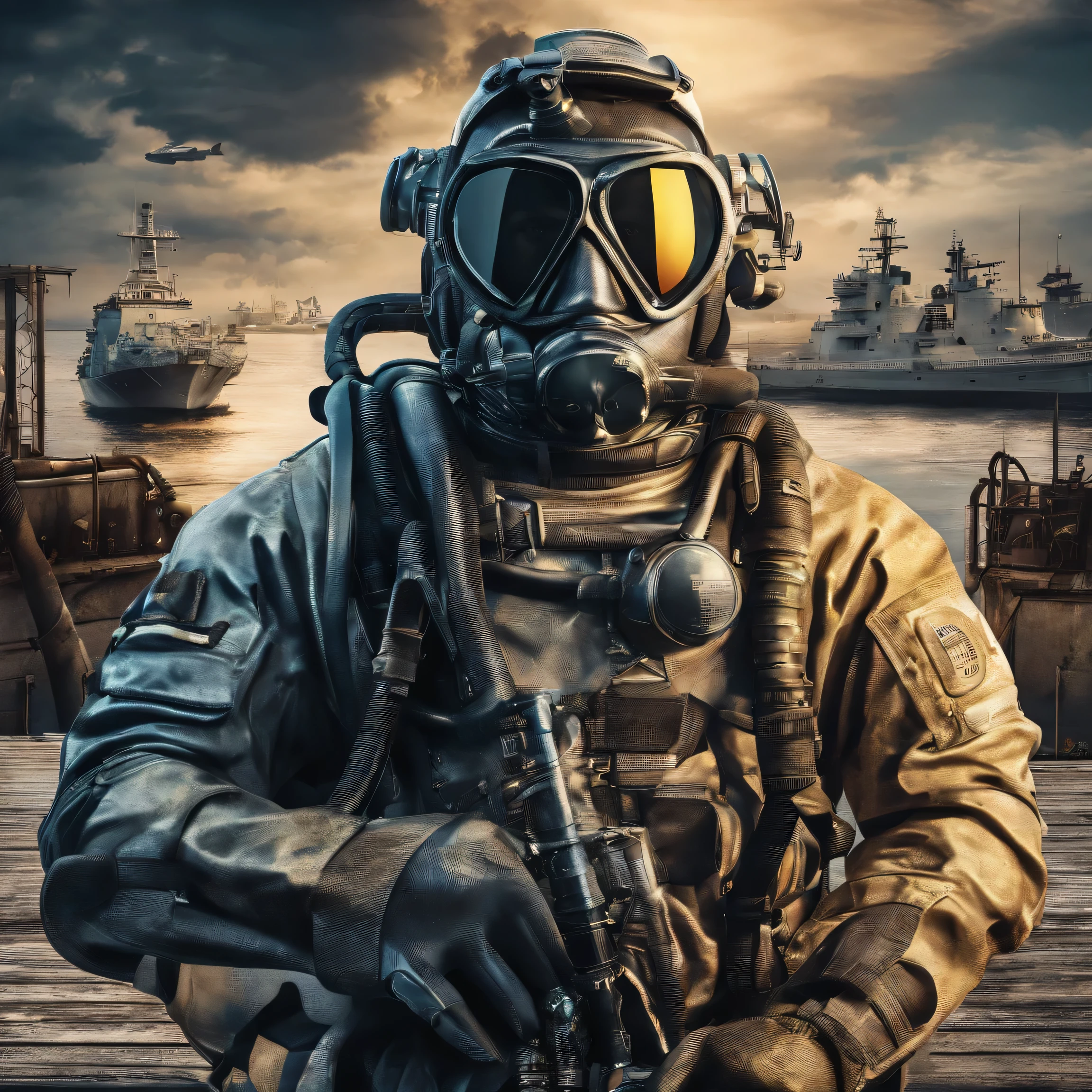 Divers potrait,full scuba divers suit,dockyard,battleship,british military diver,16k,upscale resolution,hdr,best quality,illustration,night vibe