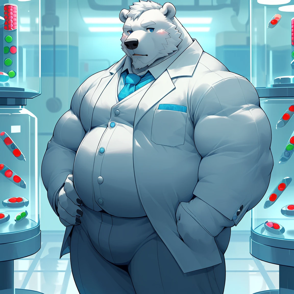 masterpiece, best quality, 8k resolution, Very detailed, hairy，(((polar bear))，(((Mature)))，(((beard))),(((fat)))，(((portrait)))，(((White hair)))，(((Standing)))，(((Suit))),(((Blue Eyes)))，(((Left hand on waist)))，Highest quality scene，(((Hip bulge))),(((Pills in right hand)))，(((Fat-enclosed muscle)))，(((Round face)))，(((laboratory)))，(((Experiment)))，(((Solitary)))