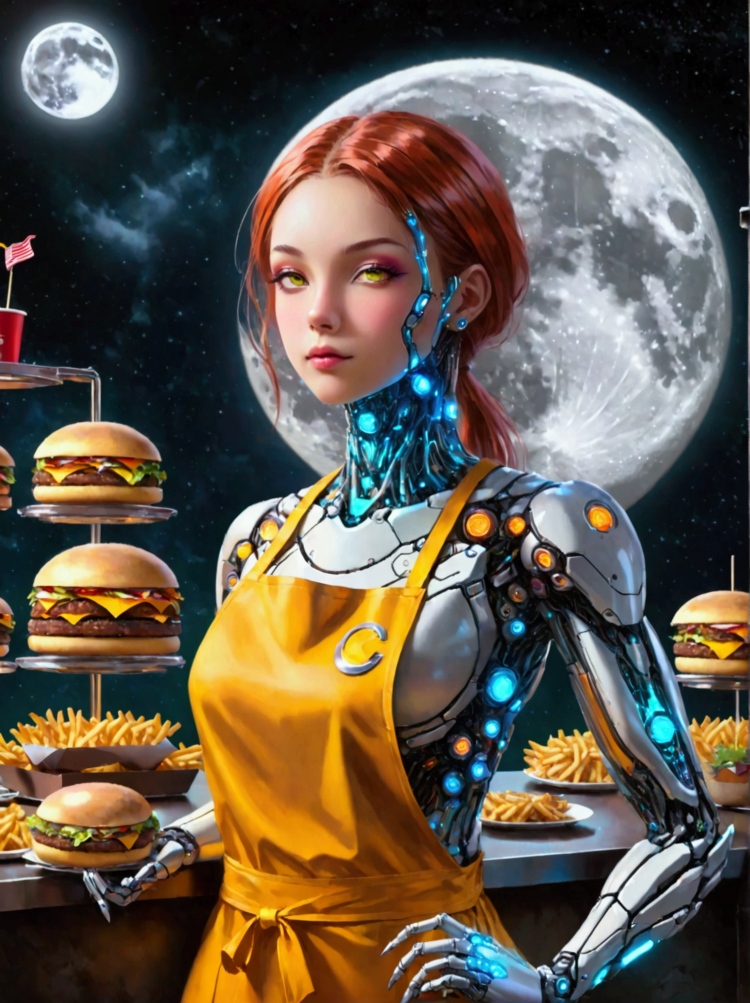 Best quality，8K，high resolution，masterpiece，Ultra Detailed，lifelike，Photorealism，future world，(Fast food restaurant cyborg female employee on the moon:1.5)，(apron)，(Fast food restaurant staff uniforms)，Transparent Mecha，Cyberpunk cyborg woman，doll，Beautiful meticulous eyes，Beautiful delicate lips，Extremely detailed eyes and face，Long eyelashes，Physically Based Rendering，Extremely detailed description，Ultra-detailed paintings，Futuristic interior decoration，Neon，Sharp focus，Vibrant colors，Science Fiction，Concept Art，High-tech atmosphere，Studio Lighting，HDR，Ultra HD，Bokeh