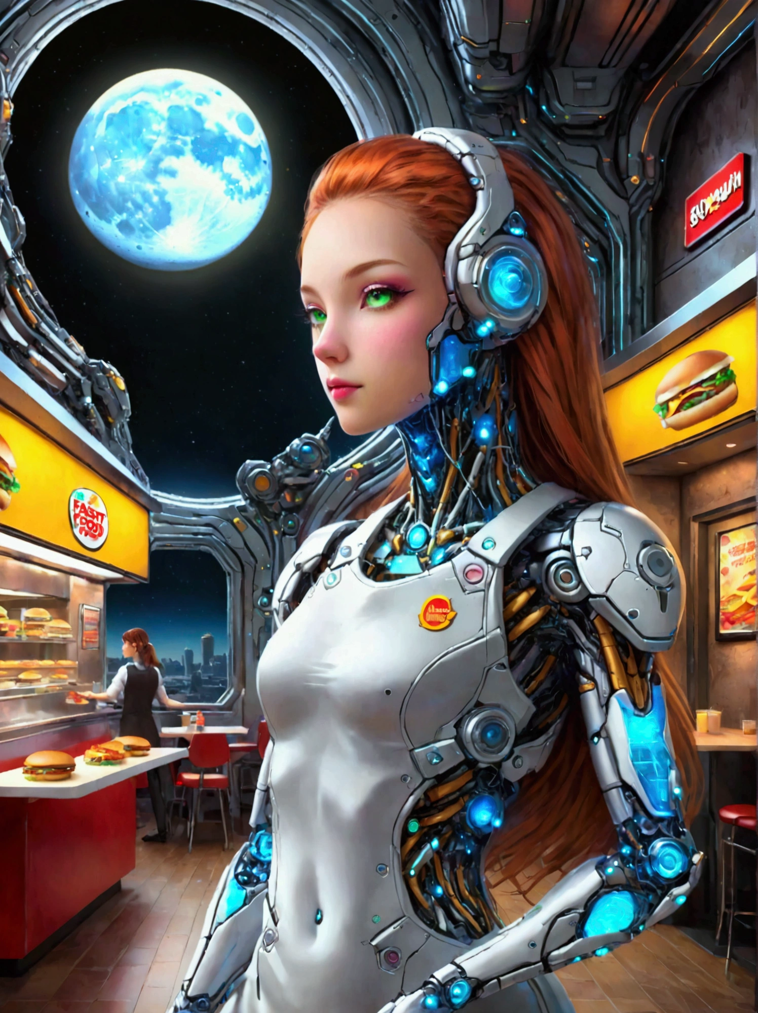 Best quality，8K，high resolution，masterpiece，Ultra Detailed，lifelike，Photorealism，future world，(Fast food restaurant cyborg female employee on the moon:1.5)，(apron)，(Fast food restaurant staff uniforms)，Transparent Mecha，Cyberpunk cyborg woman，doll，Beautiful meticulous eyes，Beautiful delicate lips，Extremely detailed eyes and face，Long eyelashes，Physically Based Rendering，Extremely detailed description，Ultra-detailed paintings，Futuristic interior decoration，Neon，Sharp focus，Vibrant colors，Science Fiction，Concept Art，High-tech atmosphere，Studio Lighting，HDR，Ultra HD，Bokeh