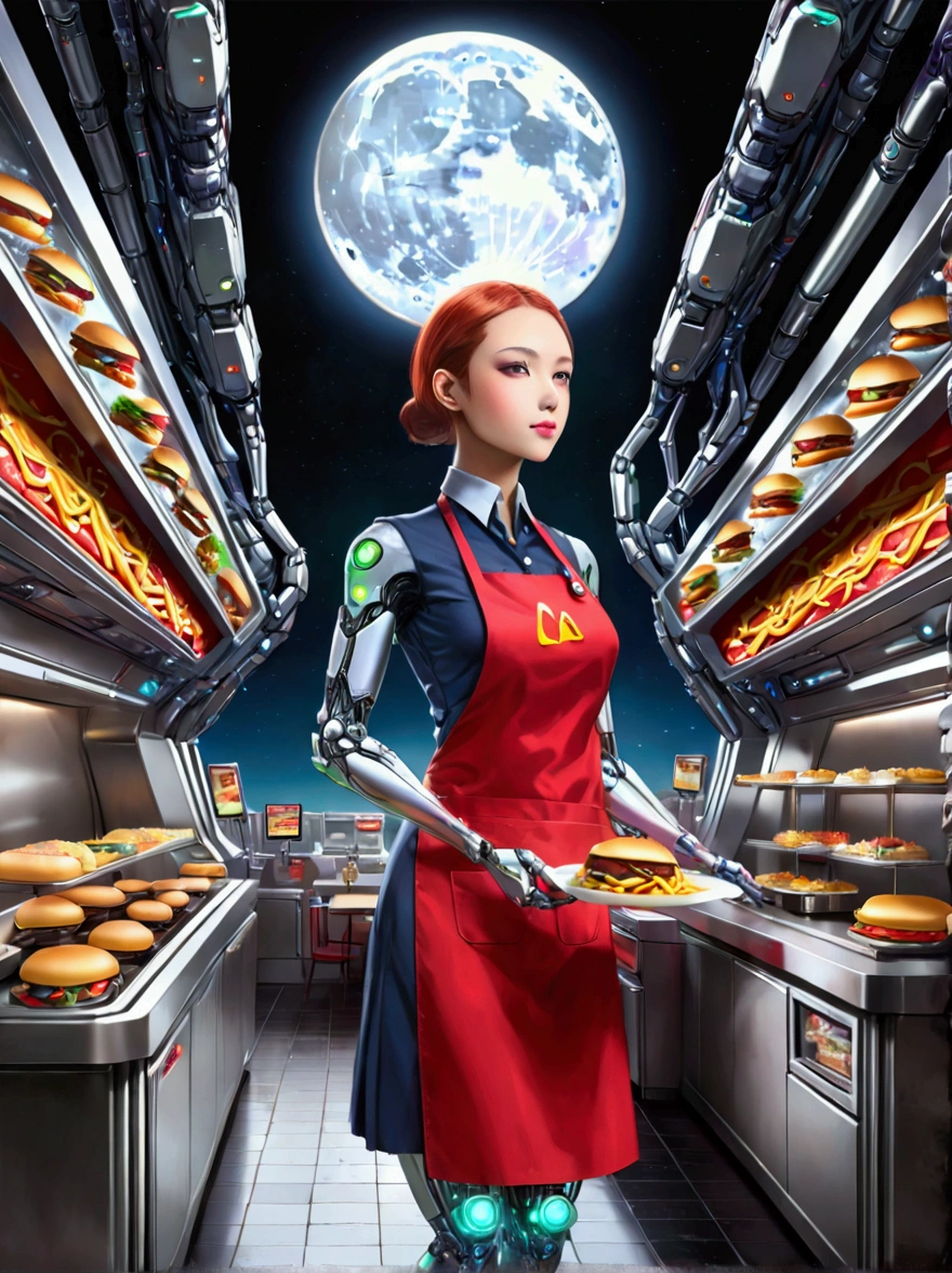 Best quality，8K，high resolution，masterpiece，Ultra Detailed，lifelike，Photorealism，future world，(Fast food restaurant cyborg female employee on the moon:1.5)，(apron)，(Fast food restaurant staff uniforms)，Transparent Mecha，Cyberpunk cyborg woman，doll，Beautiful meticulous eyes，Beautiful delicate lips，Extremely detailed eyes and face，Long eyelashes，Physically Based Rendering，Extremely detailed description，Ultra-detailed paintings，Futuristic interior decoration，Neon，Sharp focus，Vibrant colors，Science Fiction，Concept Art，High-tech atmosphere，Studio Lighting，HDR，Ultra HD，Bokeh