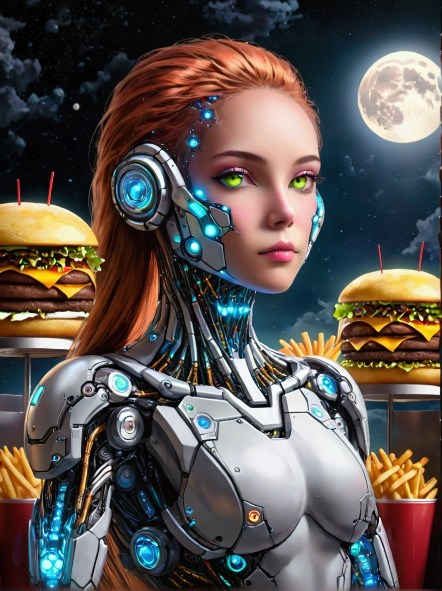 Best quality，8K，high resolution，masterpiece，Ultra Detailed，lifelike，Photorealism，future world，(Fast food restaurant cyborg female employee on the moon:1.5)，(apron)，(Fast food restaurant staff uniforms)，Transparent Mecha，Cyberpunk cyborg woman，doll，Beautiful meticulous eyes，Beautiful delicate lips，Extremely detailed eyes and face，Long eyelashes，Physically Based Rendering，Extremely detailed description，Ultra-detailed paintings，Futuristic interior decoration，Neon，Sharp focus，Vibrant colors，Science Fiction，Concept Art，High-tech atmosphere，Studio Lighting，HDR，Ultra HD，Bokeh