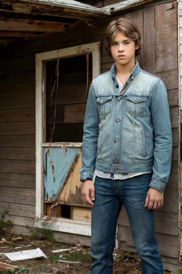 Realistic photo of solo handsome teenage men ,Standing In front of an abandoned house ,daytime
