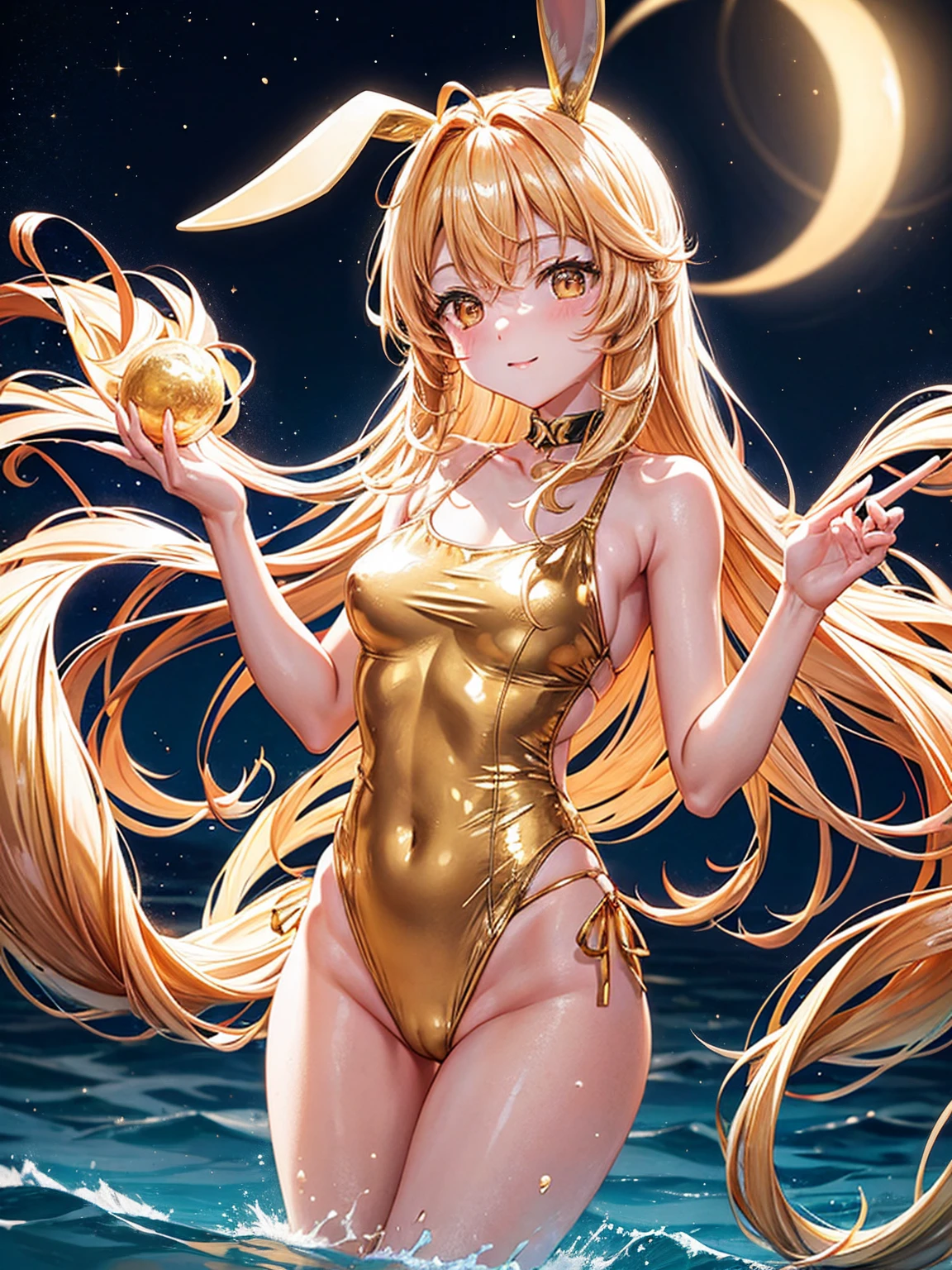 Night sky Golden moon Golden long hair golden eyes golden bunny ears wearing golden swimsuit