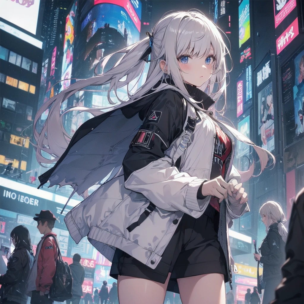 Outlook,Strange Perspective, White sweater,( change)Moderate, Separate Color,bs shoulder, Blushed,(Gray Hair), White Gloves,White boots,dirty,Torn clothes,Clothing that shows blood:1.3),, Tearing the cloak, tear pantyhose ,Cyberpunk Streetwear,in contrast,Cyberpunk Character Fashion,Wear high fashion clothes, , Bring your poster to life、impressive,Full Wear, Stylish,noon
