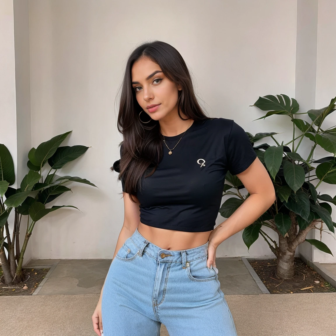 Strike Larissa in this same pose wearing an identical outfit in an identical setting, cabelo castanho escuro