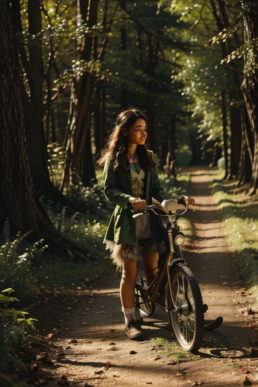 Illustration for a fairy tale about a girl standing in the forest with birds and looking for a magic book with a smart raccoon on a bicycle