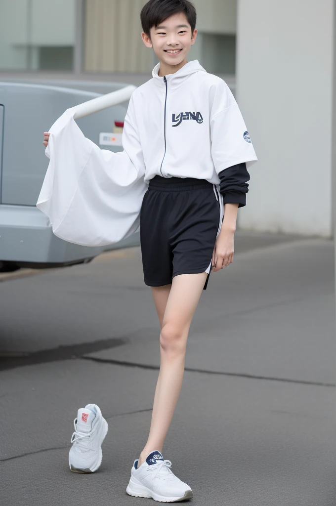 12-year-old boy,Smile，Spread your white and slender legs，jogging，full body，8K五官精致，Handsome boyish feeling，8K，masterpiece,((best quality)),photography,