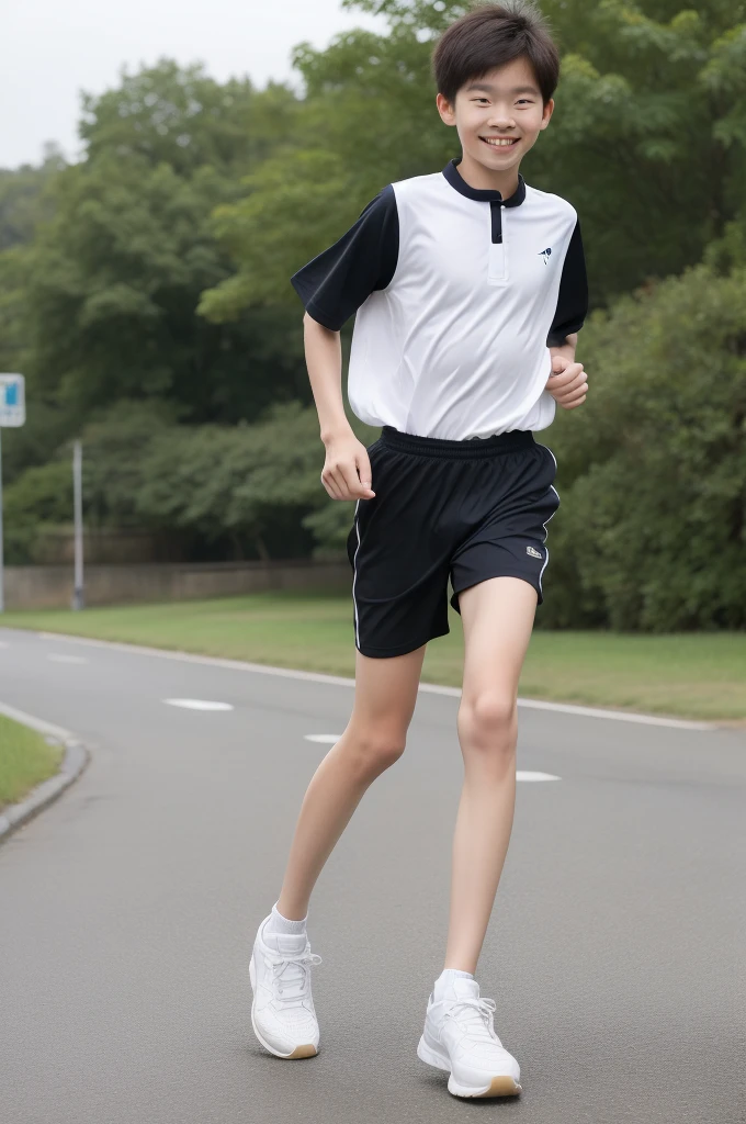 ,Smile,Spread your white and slender legs,jogging,full body,8K五官精致,Handsome boyish feeling,8K,masterpiece,((best quality)),photography,