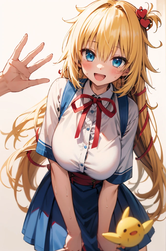 masterpiece, akai haato, ho****ve, 1girl, bangs, blonde hair, blue eyes, blush,(huge breasts), collared shirt, hair between eyes, hair ornament,heart, heart hair ornament, long hair, , neck ribbon, one side up, red ribbon, ribbon, shirt, short sleeves, sidelocks, simple background, smile, solo, sparkle, virtual youtuber, white background, white shirt, cowboy shot, :d, blue skirt,v,waving,blush,sweating,,closed mouth,indoor