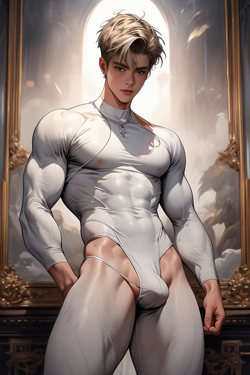 Oily painting, Justin Bieber art antique white+bisque watercolor, attractive uncovered male figure, full-length silhouette, image of insidious seduction, Young man 19 years old In a tight, thin leotard, Large voluminous elastic lush buttocks are exposed, torn fabric, Covers the groin with his hand, squeezes the mound