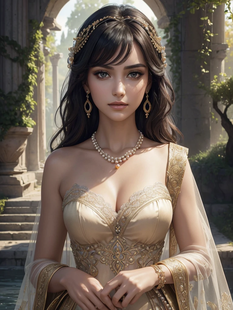 Cleopatra, ultra realistic 8k cg, flawless, clean, masterpiece, professional artwork, famous artwork, cinematic lighting, cinematic bloom, perfect face, beautiful face, fantasy, dreamlike, unreal, science fiction, lace, lace trim, lace-trimmed legwear, luxury, jewelry, diamond, gold, pearl, gem, sapphire, ruby, emerald, intricate detail, delicate pattern, charming, alluring, seductive, enchanting, hair ornament, necklace, earrings, bracelet, armlet, halo, autumn, best quality, solo, looking at viewer, Realis (Wide portrait, masterpiece, highest quality, UHD texture, High quality shadow, intricate details, beautifully detailed, vivid colors, cinematic light, soft glow, bokeh, sharp focus, detailed beautiful delicate face, perfect composition, pure innocence) (best quality, 4k, highres, masterpiece, ultra-detailed, realistic, highly detailed photo, fine detail, polished, complex, elegant, sharp focus, illuminated, highly detailed, cinematic, still, professional, thought, iconic, gorgeous, romantic), Grove (High Detail RAW color Photo, beautiful girl, model girl, 21 years old, seductive grin, smokey eye shadow, high detail skin, high detail eyes, seductive eyes, smokey makeup, wild dark hair, Wavy Cut with Curtain Bangs, Roman Villa, River olive Trees, ancient rome, aquaduct, detailed clothing, intricate clothing, action pose, looking at camera, motion, beautiful digital artwork atmospheric, raytracing), royal palace background