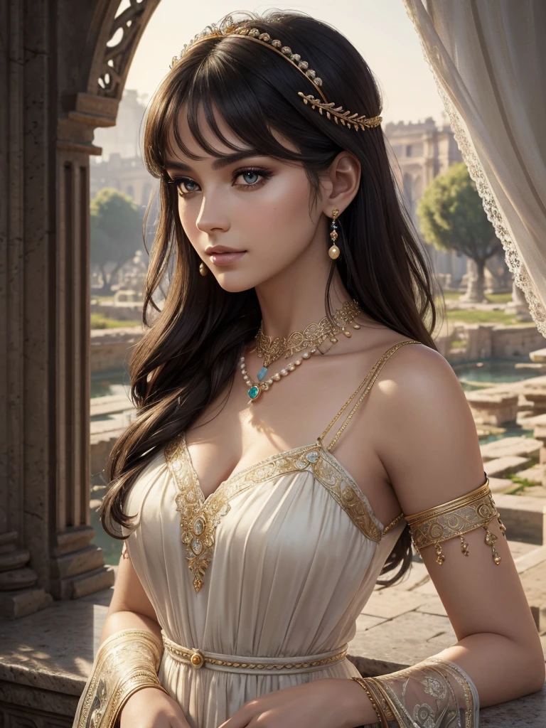 Cleopatra, ultra realistic 8k cg, flawless, clean, masterpiece, professional artwork, famous artwork, cinematic lighting, cinematic bloom, perfect face, beautiful face, fantasy, dreamlike, unreal, science fiction, lace, lace trim, lace-trimmed legwear, luxury, jewelry, diamond, gold, pearl, gem, sapphire, ruby, emerald, intricate detail, delicate pattern, charming, alluring, seductive, enchanting, hair ornament, necklace, earrings, bracelet, armlet, halo, autumn, best quality, solo, looking at viewer, Realis (Wide portrait, masterpiece, highest quality, UHD texture, High quality shadow, intricate details, beautifully detailed, vivid colors, cinematic light, soft glow, bokeh, sharp focus, detailed beautiful delicate face, perfect composition, pure innocence) (best quality, 4k, highres, masterpiece, ultra-detailed, realistic, highly detailed photo, fine detail, polished, complex, elegant, sharp focus, illuminated, highly detailed, cinematic, still, professional, thought, iconic, gorgeous, romantic), Grove (High Detail RAW color Photo, beautiful girl, model girl, 21 years old, seductive grin, smokey eye shadow, high detail skin, high detail eyes, seductive eyes, smokey makeup, wild dark hair, Wavy Cut with Curtain Bangs, Roman Villa, River olive Trees, ancient rome, aquaduct, detailed clothing, intricate clothing, action pose, looking at camera, motion, beautiful digital artwork atmospheric, raytracing), royal palace background
