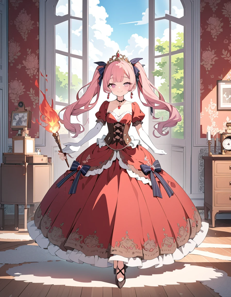 (best quality,4k,8k,highres,masterpiece:1.2),ultra-detailed, steampunk settings, Pretty 15 years old princess, drawn in anime style, she’s cute and joyful, smiling, long red pigtails hair, pink eyes, small breast, lipstick, makeup, pink eyeshadow, long eyelashes, dainty and delicate body, red princess gown with puffy sleeves, physically-based rendering,gorgeous dress design,flowing gown,elaborate lace details,rich textures,contrast stitching,delicate ribbon bows,floral accents,long maxi skirt,short sleeves,fitted waistline,lace-up back,luxurious fabrics,flawless silhouette, petticoat, bustle, corset, hair ribbons, white elbow gloves, ruby earrings and necklace, gold tiara, high heels, holding a magic fire wand, standing in princess bedroom with lacy curtains and red floral wallpaper.