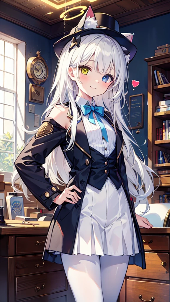 White pantyhose，White hair，Smile，Long hair，Cat ear，Heterochromia（Left blue right yellow），Female face，There are bright spots in the eyes，flat chest，blue halo，Alone，In the workshop，Steampunk，hat，Take a wrench