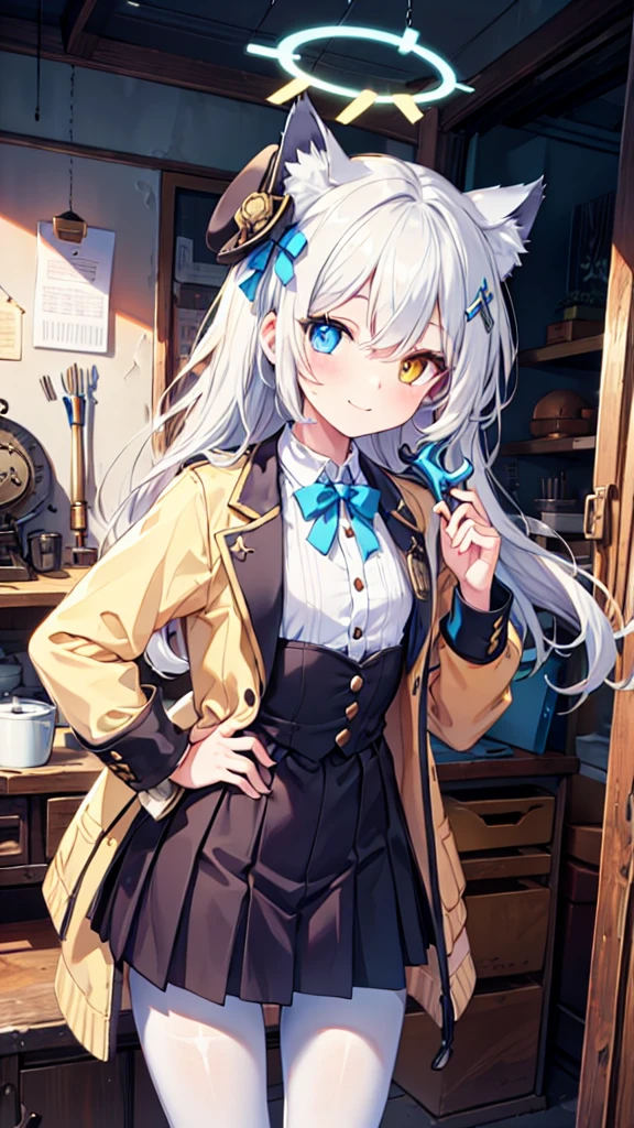 White pantyhose，White hair，Smile，Long hair，Cat ear，Heterochromia（Left blue right yellow），Female face，There are bright spots in the eyes，flat chest，blue halo，Alone，In the workshop，Steampunk，hat，Take a wrench