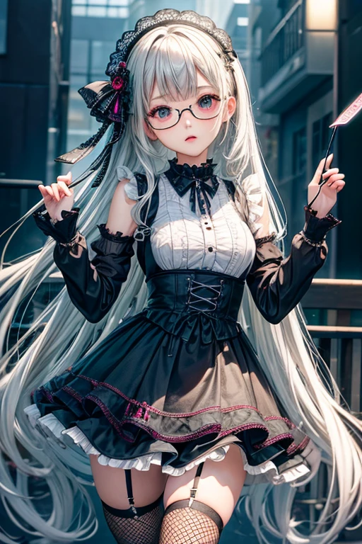 Highest quality、masterpiece、High sensitivity、High resolution、Detailed Description、Slender women、Glasses、Fishnet tights、Gothic ****ta、