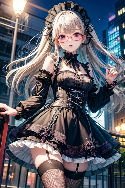 Highest quality、masterpiece、High sensitivity、High resolution、Detailed Description、Slender women、Glasses、Fishnet tights、Gothic ****ta、