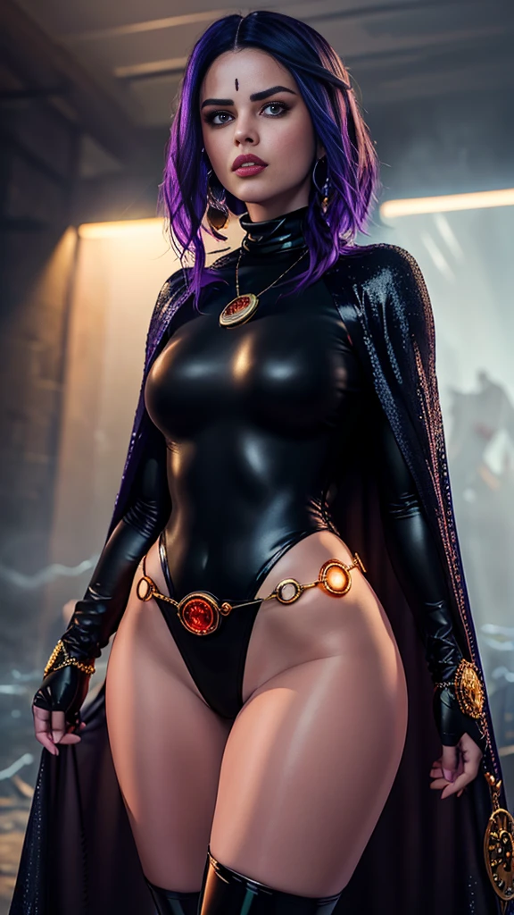 Selena Gomez, cowboy shot of rvn, hotraven, pale skin, (black glossy turtleneck swimsuit), tights, cape, glowing eyes, (gold belt), jewels, (medallion), (big breasts),(athletic and fit body), looking at viewer, (marked nipples on clothes),night, dark forest, mist, fog, volumetric lighting, best quality, masterpiece, intricate details, tonemapping, sharp focus, hyper detailed, realistic