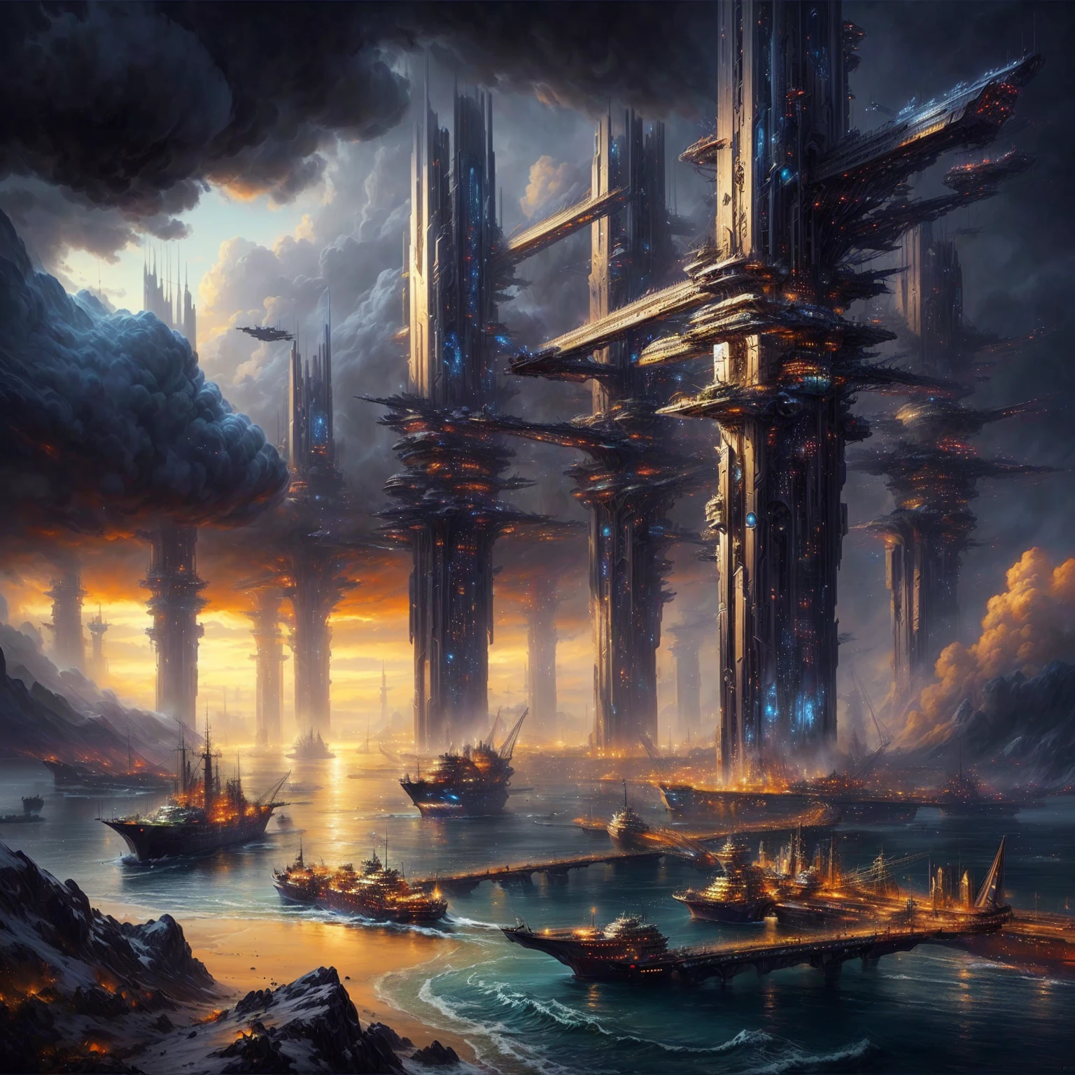 futuristic city on the water with ships in the distance, symmetrical epic fantasy art, epic fantasy sci fi illustration, sci-fi fantasy wallpaper, in a sci-fi shipping port, surreal concept art, science fantasy painting, 4k highly detailed digital art, mystical sci-fi concept art, sci-fi fantasy desktop wallpaper, epic scifi fantasy art
