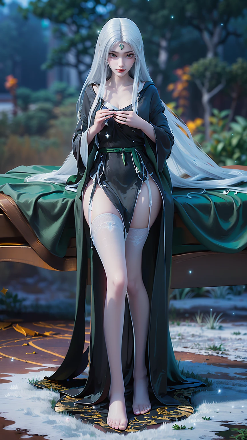 (((1 girl)),Ray tracing,[Detailed background (bedroom)),((Slim Girl))) Starry sky background,((((Girls wear dresses, With transparent stockings), Show off your exquisite figure and graceful curves, correct limbs, Sitting on the bed,Put your hands behind your head, Put your hands behind your head,(((White long hair))),(((Green eyes)),((Black robe)),((Place one hand on your chest))