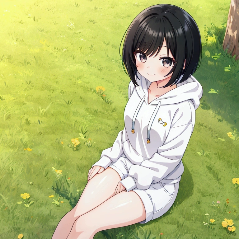 Anime-style image of a girl sitting on the grass in a park, Girl with short black hair, bob hair, Cute girl anime visuals, cheerful smile, look at me, Anime Moe Art Style, Smooth anime CG art, Anime Style 4k, White hoodie、White short pants, slender body, flat chest, Hands tucked between thighs