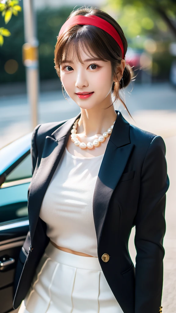 (8k, raw, masterpiece: 1.5), (professional photograph, sharp: 1.2), (natural sun light), (soft shadow), (photorealistic: 1.4), perfect dynamic composition, (1 girl), (Ultra-detailed face and skin), gorgeous face, perfectly proportioned face, dark brown eyes, round eyes, beautiful eyes, glossy eyes, high nose bridge, blush, plump lips, really moist skin, white skin, (delicate skin:1.4), (latex skin:0.4), (perfect glowing skin:0.6), (black colored ponytail hair, bangs), (hourglass figure), (large breast: 1.2), Refined expression, smile gently at the camera, looking at camera, pearl necklace, (red headband), business suit, (black suit), (white long shirt), (black mini skirt), (brown pantyhose)