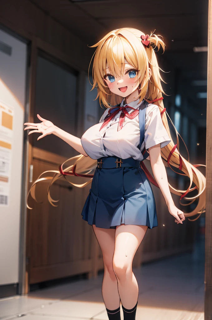 masterpiece, akai haato, hololive, 1girl, bangs, blonde hair, blue eyes, blush,(huge breasts), collared shirt, hair between eyes, hair ornament,heart, heart hair ornament, long hair, , neck ribbon, one side up, red ribbon, ribbon, shirt, short sleeves, sidelocks, simple background, smile, solo, sparkle, virtual youtuber, white background, white shirt, cowboy shot, :d, blue skirt,v,waving,blush,sweating,,closed mouth,indoor,standing,socks,