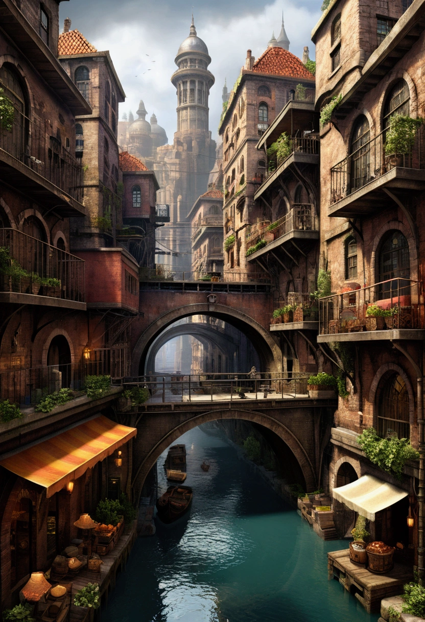((masterpiece)),((best quality)),((high detial)),((realistic,)) Industrial age city, deep canyons in the middle, architectural streets, bazaars, Bridges, rainy days, steampunk, European architecture