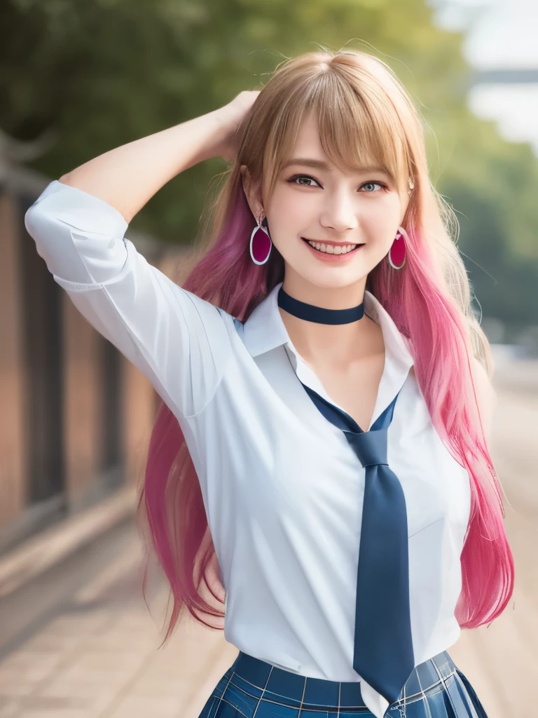 Mix 4, (8k, RAW Photos, highest quality, masterpiece: 1.45), (Realistic, photoRealistic: 1.37), Kitagawa Marine,  (Blonde Hair, Pink gradient hair), ((Long Hair, Sink bangs,Colorful Hair, Red eyes)),Pose like a model,((Raise your arms above your head and strike a bold pose))、Japanese women, 16 years old,high School student、Model Body Type, (Big Breasts:1.1), Narrow waist, Beautiful Face, Beautiful Eyes, , jewelry,Earrings, White shirt, Shirt with tie, Black choker,  Blue tie, Checked skirt,  Grin, smile, Are standing, Cowboy Shot, Outdoor、hight School, 1 girl, alone, Detailed face and eyes, Upper body photo. Realistic, Realistic.MarinGyaru,School_uniform