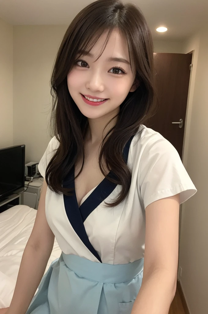 Selfie、Nurse uniform、Laughing、bed、Very short hair、short、ベリーshortカット、Highest quality, figure, Super detailed, In detail, High resolution, 8k wallpaper, Perfect dynamic composition, Beautiful attention to detail, dress,Medium Hair, Small breasts、Natural color lip, Random sexy poses,smile,24-years-old