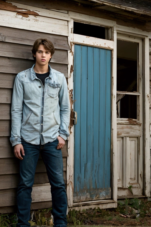 Realistic photo of solo handsome teenage men ,Standing In front of an abandoned house ,daytime