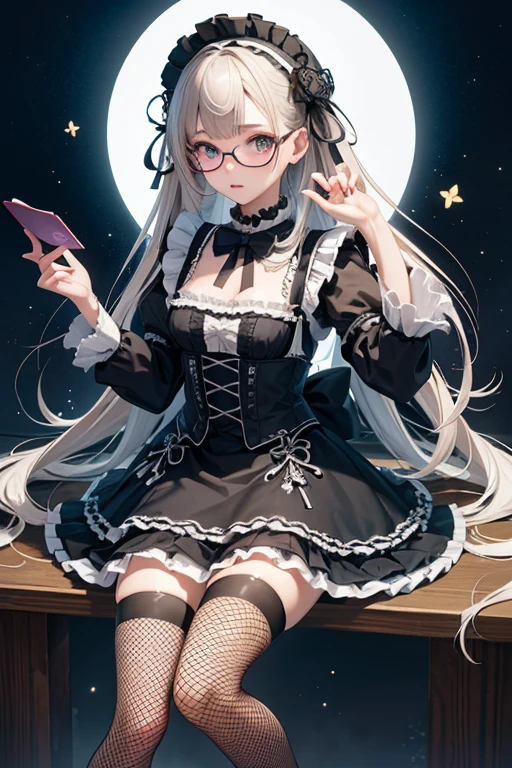 Highest quality、masterpiece、High sensitivity、High resolution、Detailed Description、Slender women、Glasses、Fishnet tights、Gothic ****ta、