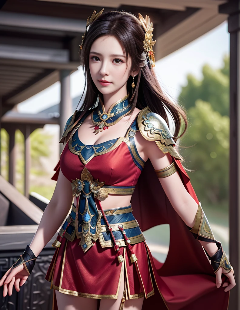 best quality, masterpiece, high resolution, 1girl, ancient chinese battlefield background, metal armor, cape, metal collar, ancient spear, hair ornament, necklace, jewelry, beautiful face, upon_body, tyndall effect, realistic, dark studio, edge lighting, duotone lighting, (high detail skin:1.2), 8k ultra hd, DSLR, soft lighting, high quality, volumetric lighting, frank, photos, high resolution, 4k, 8k, bokeh, light red bikini armor, Ancient metal spear, chest embroidered phoenix, metal cuirass, tight, bare arms, weapons, short bracers, stockings, weapons