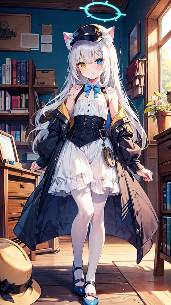 White pantyhose，White hair，Smile，Long hair，Cat ear，Heterochromia（Left blue right yellow），Female face，There are bright spots in the eyes，flat chest，blue halo，Alone，In the workshop，Steampunk，hat，Take a wrench