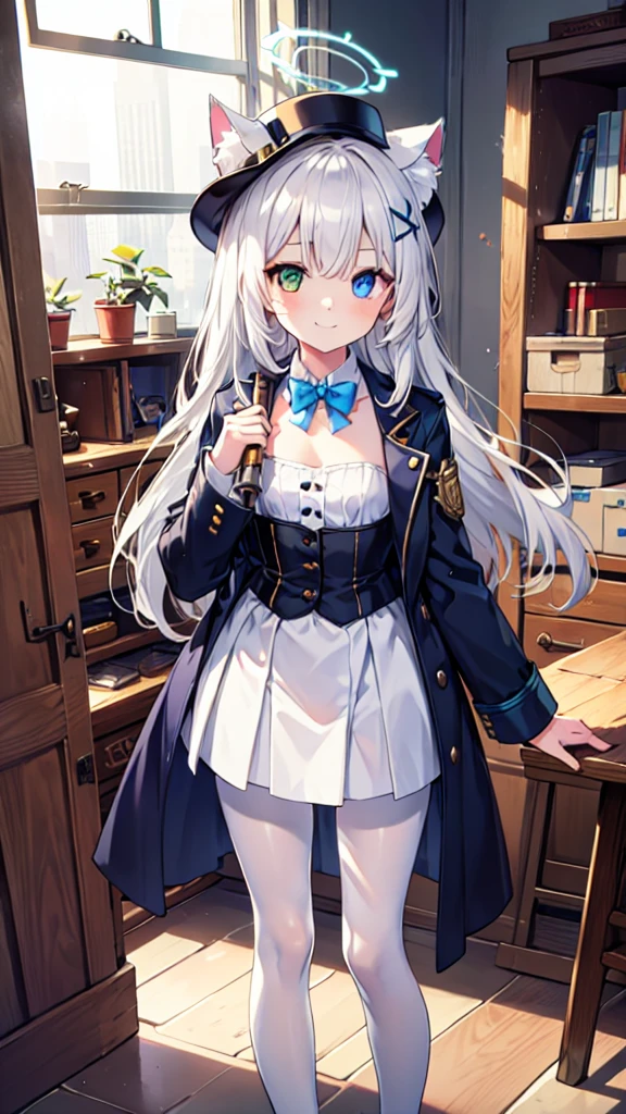 White pantyhose，White hair，Smile，Long hair，Cat ear，Heterochromia（Left blue right yellow），Female face，There are bright spots in the eyes，flat chest，blue halo，Alone，In the workshop，Steampunk，hat，Take a wrench