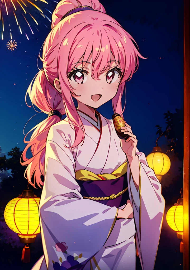 Louise Françoise Le Brun from La V全てiere,Pink Hair,Pink Eyes,Long Hair,ponytail,hair ornaments,happy smile, smile, Open your mouth,White Kimono,Thick sleeves,日本のfestival,夏festivalの屋台,Red Lantern,night,night空のfirework,firework,場所はfirework大会,時間はnightです,sunny day,turn around,まるでwhole bodyがイラストの中にいるかのように,walking,　　　　　　　　　　　　　　　  　　　　　break looking at viewer, whole body, (Cowboy Shot:1. 5),  　　　　　
break outdoors, festival,shrine,
break (masterpiece:1.2), Highest quality, High resolution, unity 8k wallpaper, (shape:0.8), (Beautiful attention to detail:1.6), Highly detailed face, Perfect lighting, Extremely detailed CG, (Perfect hands, Perfect Anatomy),