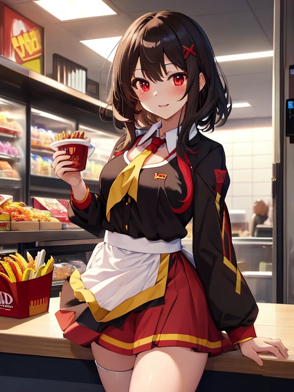 counter, Fast food clerk, Megumin, (masterpiece), highest quality, 1girl, uhd, retina, masterpiece, ccurate, anatomically correct, textured skin, super detail, high details, high quality, best quality, highres, 4K