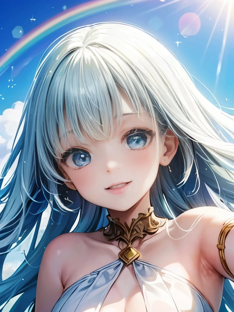 (masterpiece, best quality:1.2),(extremely detailed CG unity 8k wallpaper),highres,1girl,blue sky,dappled light,portrait,looking at viewer,smile,Lyria,blue hair,long hair,blue eyes,lyriadress,white dress,<lora:Lyria:0.7>,<lora:more_details:1>,<lora:Granblue_Fantasy_style:0.7>,