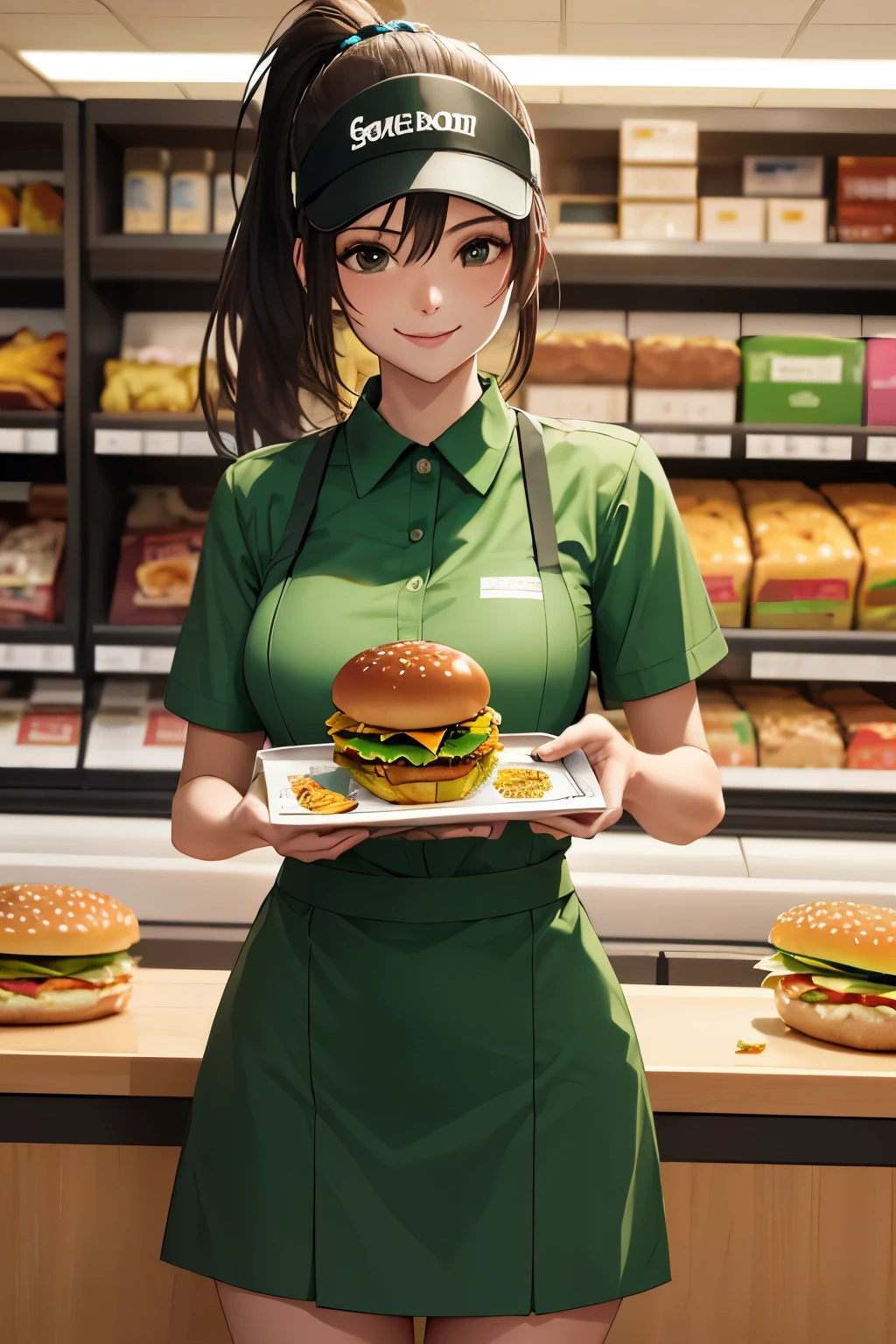 (best quality, masterpiece, highres:1.3), detailed, 1girl, Fast Food Worker, Puerto Rican, ponytail hair, store green uniform, visor, supporting and holding a tray with a hamburger on it, Fast Food Shop, smile