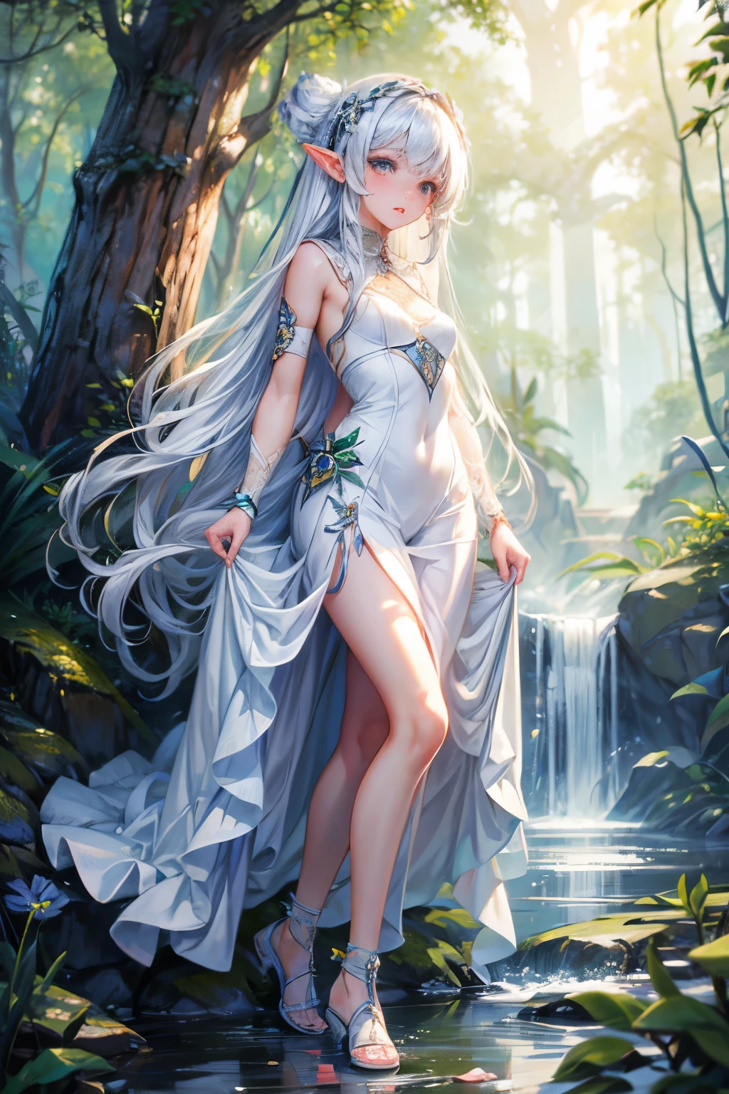 masterpiece,Highest quality,Very detailed,Elf Beautiful Girl,Beautiful white dress, teenager,Long straight silver hair,Beautiful and detailed eyes,skinny,Small breasts, full body,Dynamic,Forest Lakeside