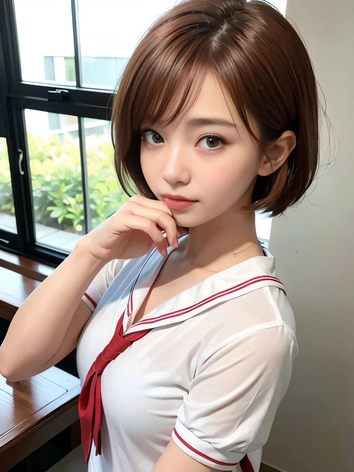 (masterpiece:1.3)、Very fine finish、(High resolution、8K:1.3)、(Highest quality)、(Ultra-realistic as a photo:1.3)、Correct limbs、Anatomically correct, The face is in focus、(Face close-up:1.3)、 Ultra High Resolution Face、The face is in focus、Ultra high definition and beautiful eyes、Concentrated eyes、Eyes are symmetrical:1.3、High quality and beautiful skin、Firm Skin、Ultra HD Hair Texture、Japanese women、20-year-old、Red Hair、Short Bob Cut、very cute, Half Up:1.3, high school girl、high school girl break (Short-sleeved high school girl uniform、Short-sleeved sailor suit:1.3), (Embarrassing:1.3), (blush:1.3), (Troubled expression:1.3), Mr..々Shooting angle:1.3, View your viewers, Browsing Caution, Licking fingers、Yellow wall