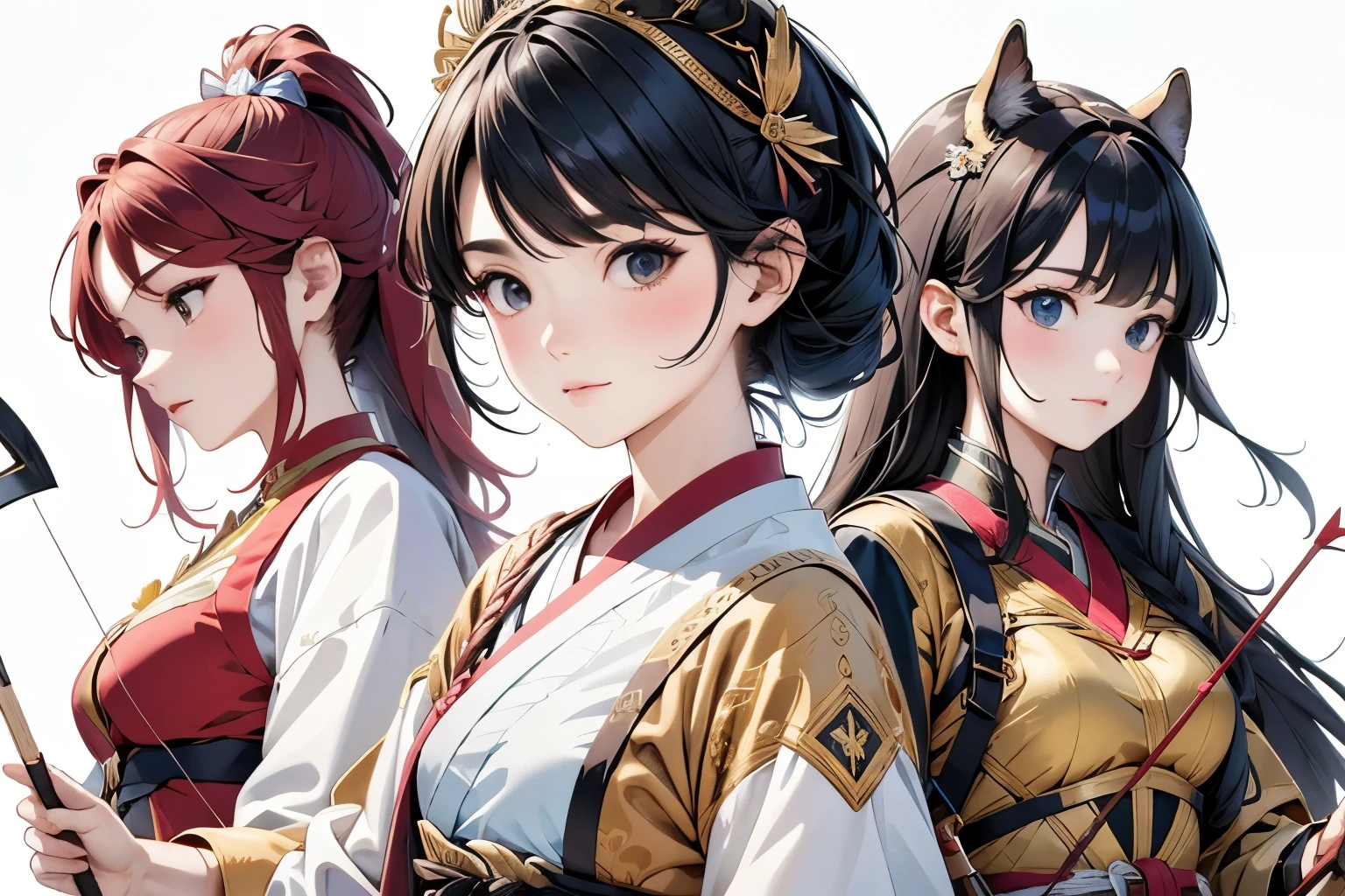 (Perfect Face,Arafe illustration of three women in different clothes)、(Girls standing in line)、beautiful girl,   (Holding a bow in his left hand:1.2), longbow, (Holding an arrow:1.2), (kaburaya:1.2), kyudou-hikiwake, Outstretched arms, Black Igote, Deerskin peeling, Red Mussel, Bust Up Illustration、White Background、(Front view:1.4)、(masterpiece, Highest quality:1.2), 