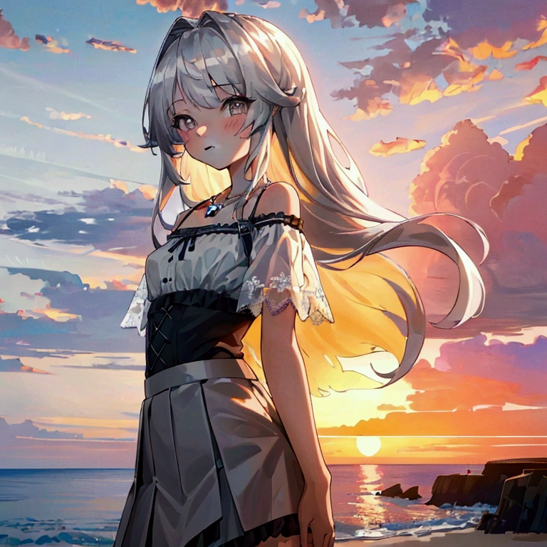 ((masterpiece, extremely high quality)),((4k, detailed beautiful cute eyes)),((cinematic view, high detailed sunset, high detailed colors, high detailed clouds, depth of view)),1girl standing at a beach side, looking at viewer, white skin, slightly parted gentle smile, silver long-hair, grey-bluish eyes, slender physique, normal size breast, small-diamond snowflake necklace, white off-shoulder straps ruffled blouse, greyish high-waisted a-line mini skirt with lace trim.