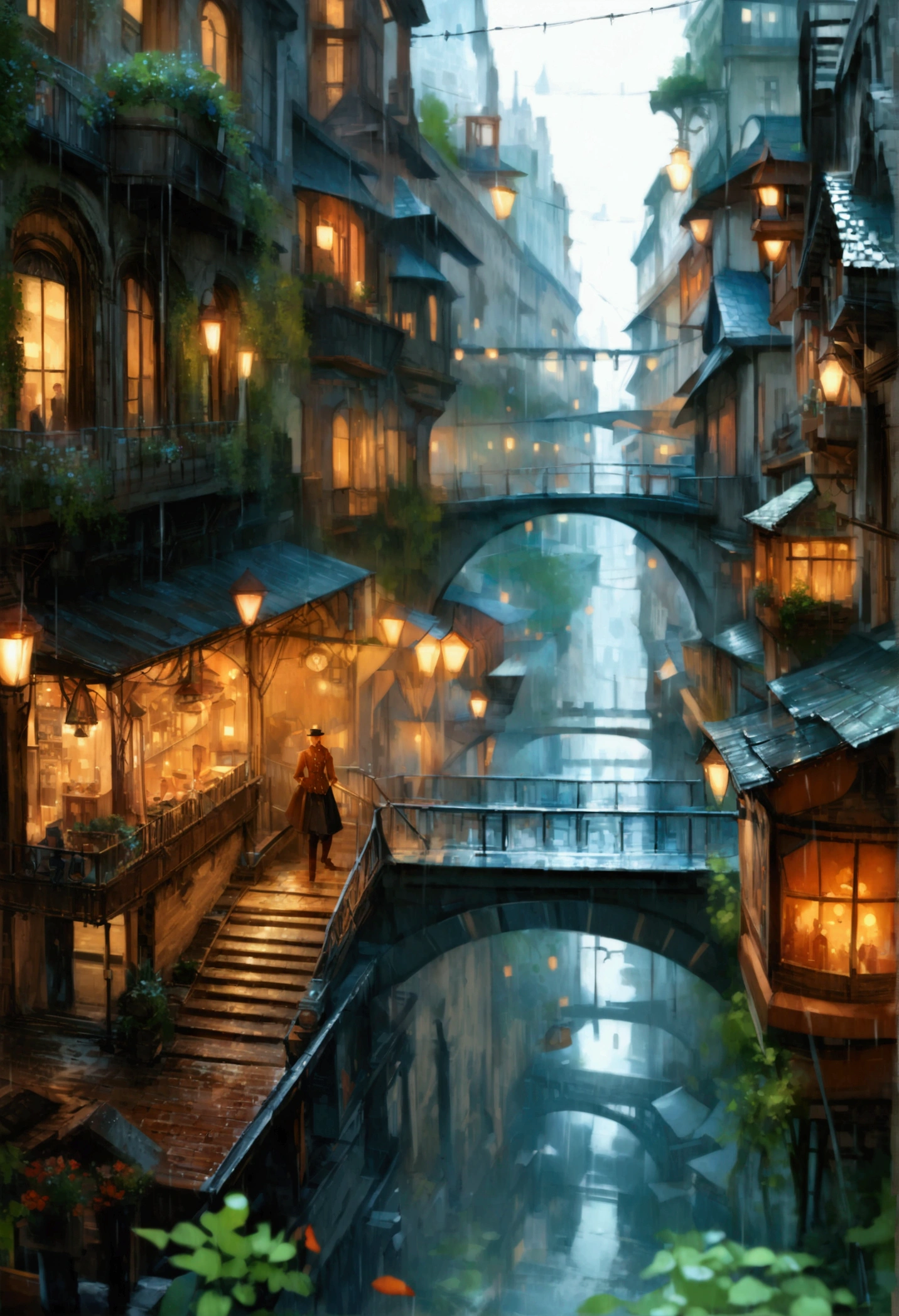 ((masterpiece)),((best quality)),((high detial)),((realistic,)) Industrial age city, deep canyons in the middle, architectural streets, bazaars, Bridges, rainy days, steampunk, European architecture