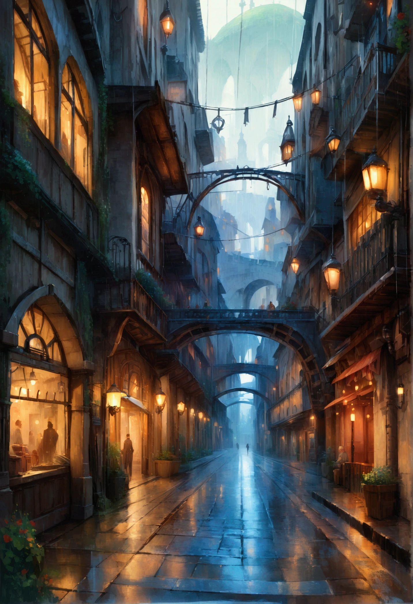 ((masterpiece)),((best quality)),((high detial)),((realistic,)) Industrial age city, deep canyons in the middle, architectural streets, bazaars, Bridges, rainy days, steampunk, European architecture
