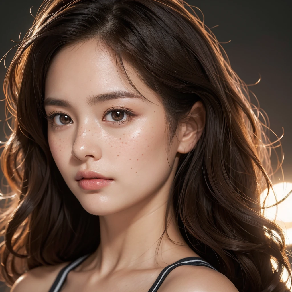 Ultra-realistic portrait of a 37-year-old woman, straight hair that curls at the end, shoulder-length hair, woman with dark skin, large and round light brown eyes, barely visible freckles, looking directly at the camera. A woman should look young. Her gaze is intense and penetrating. it expresses a lot of cuteness and beauty. The portrait You should focus on capturing the details of her facial features, including the texture of her skin and hair. The lighting should be soft but detailed, highlighting the contours of the face and creating a deep and captivating image.